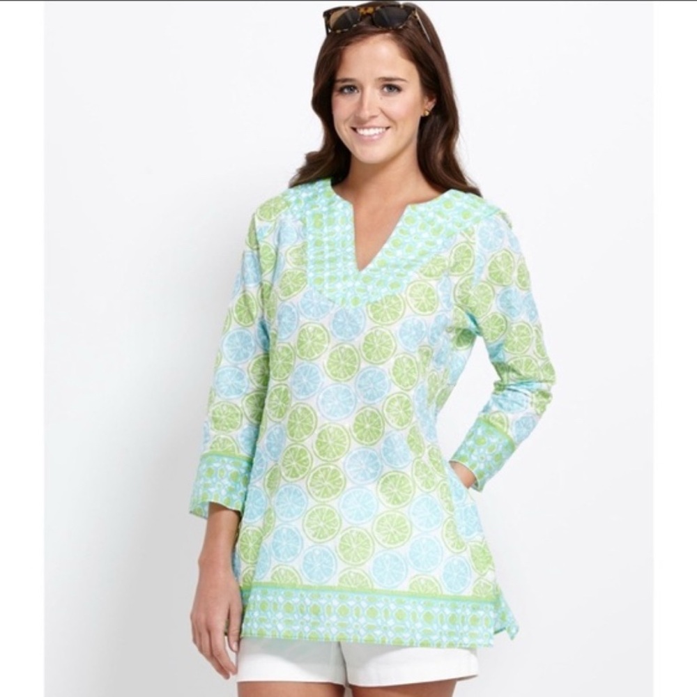 •VINEYARD VINES•TROPICAL CITRUS TEXTURED SPLIT NECK TUNIC TOP SIZE SMALL